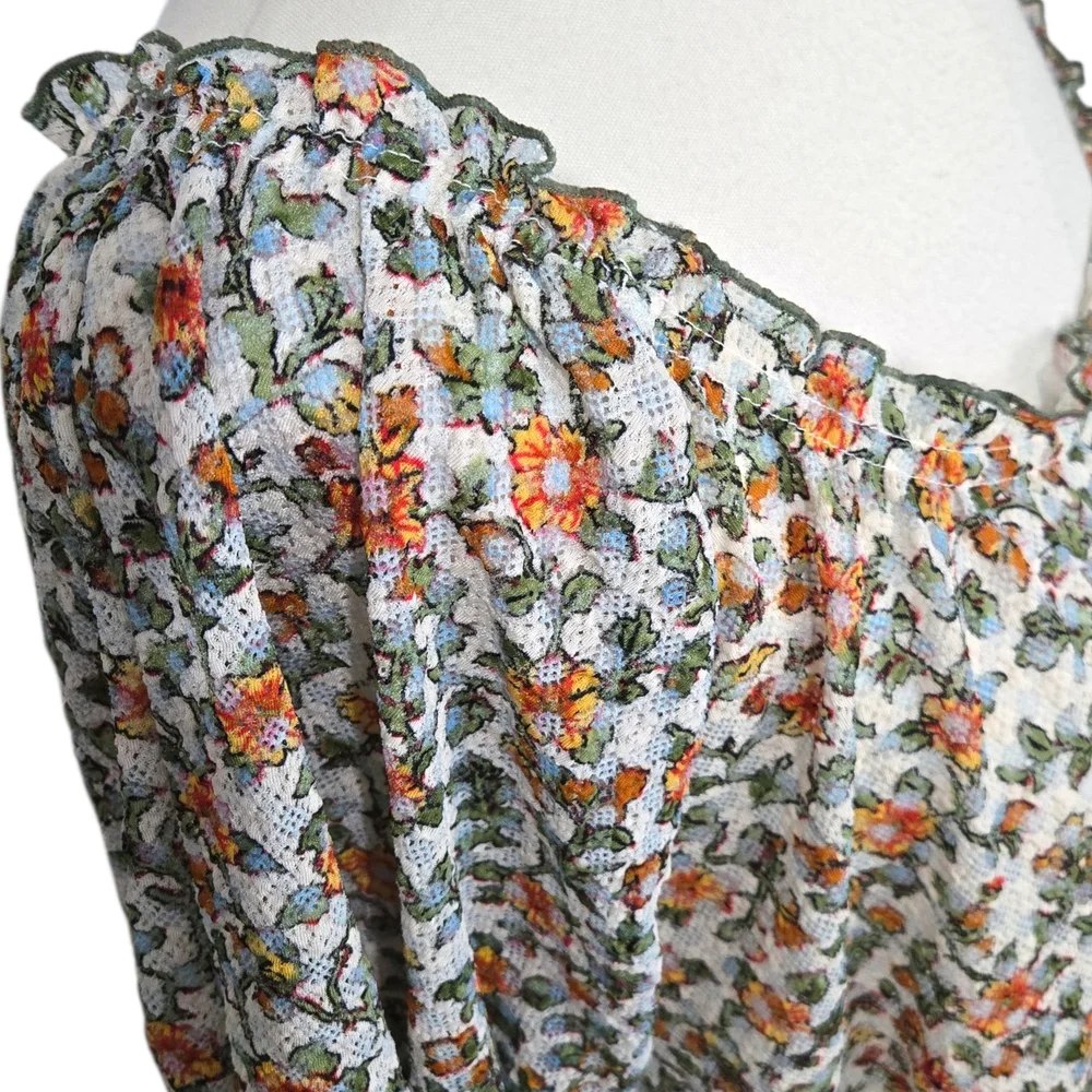 Women’s Floral Peasant Top - Cream with Orange & Green